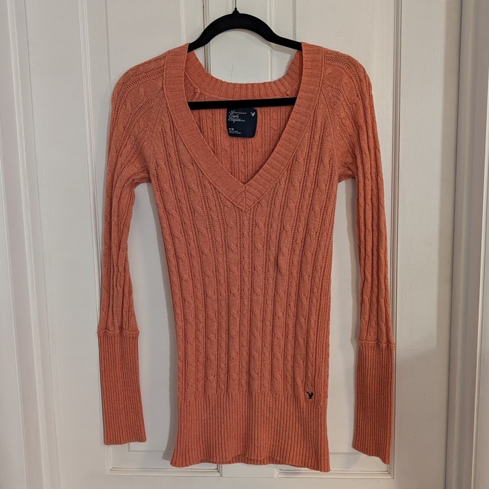 American Eagle Y2K Cable Knit Sweater MEDIUM Fitted Preppy‎ Deep V Long Sl Women